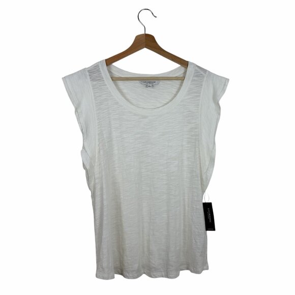 Liverpool Tee Size Large Double Flutter Cap Sleeve Vintage White Slub Modal Top - Picture 3 of 11